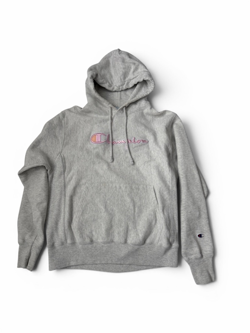 Champion light Heather Gray hoodie with Pink Logo Embroidery size m